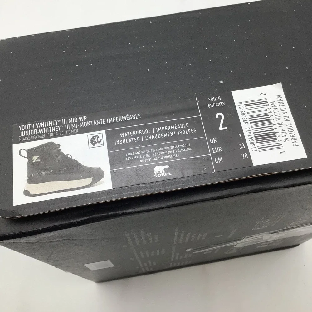 Sorel Youth Whitney III Mid Black Sea Salt Waterproof Insulated Boots Size 2 NEW